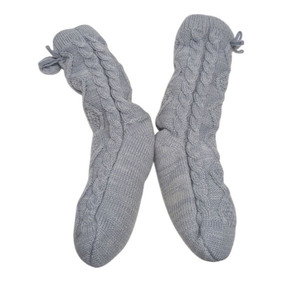 UGG Womens Cable Knit Fleece Lined Socks With Pom Cozy Winter Light Gray Warm - Picture 1 of 4